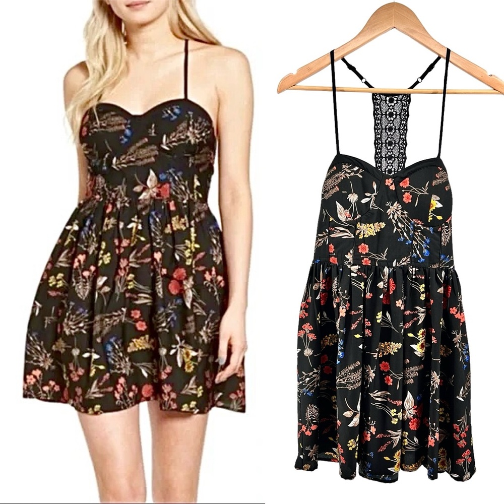 American Rag Bustier Bodice Dress Medium Crochet Racerback Black Fall Floral